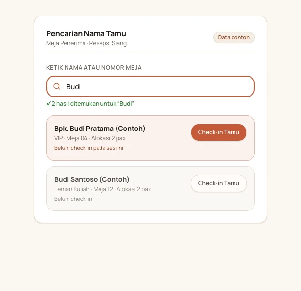 Tampilan operasional meja check-in dengan viewfinder pemindai QR dan tombol pencarian tamu manual